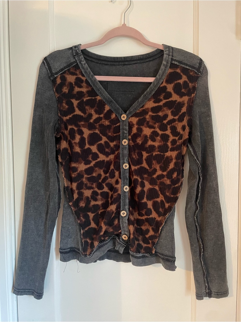 SHEIN Brown Leopard Panel V-Neck Button Cardigan with Blackwashed Sleeves